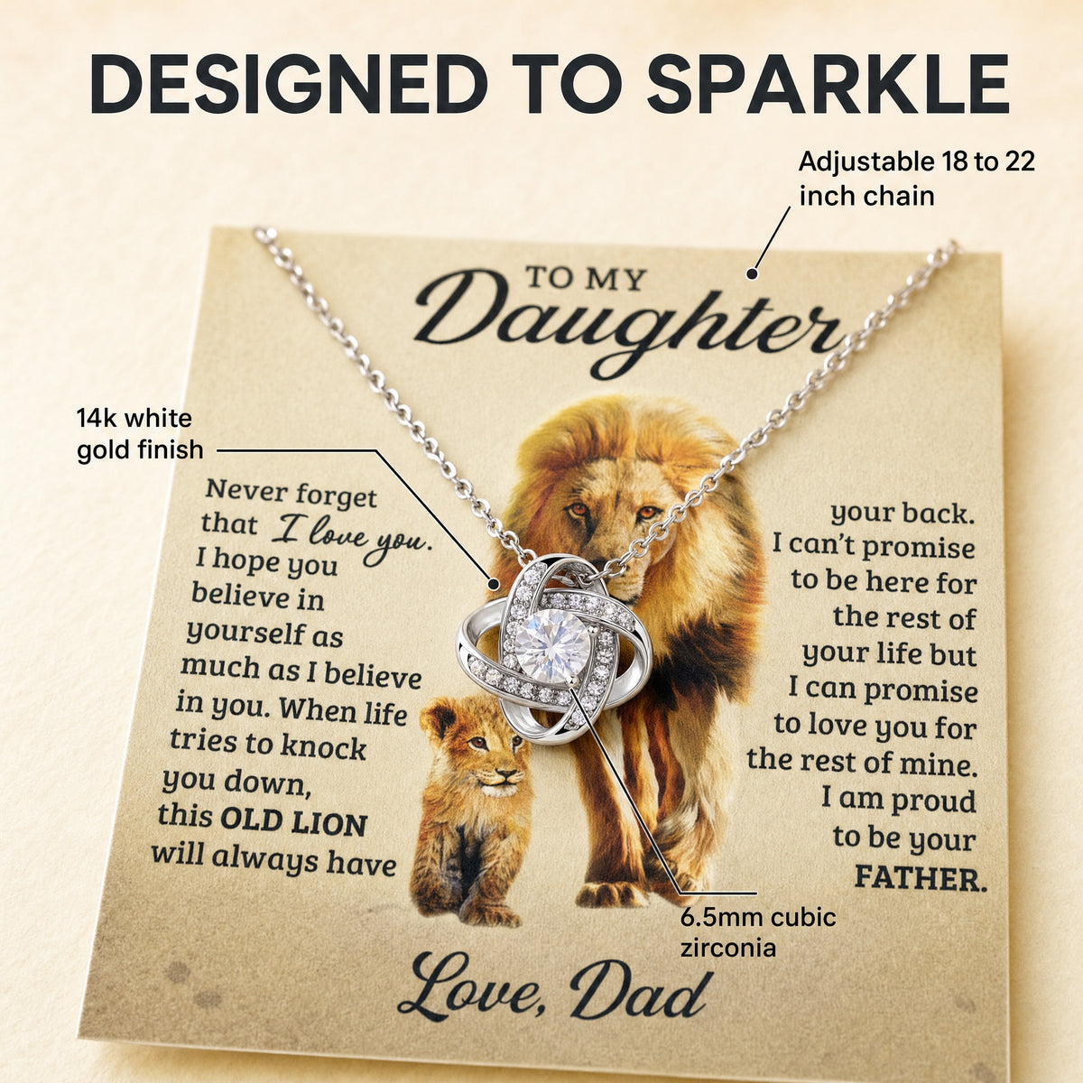 Norvane Old Lion Love Knot Necklace - Father to Daughter Gift with Message Card