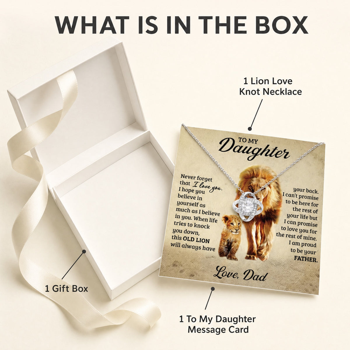 Norvane Old Lion Love Knot Necklace - Father to Daughter Gift with Message Card